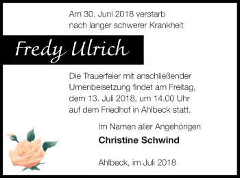 Traueranzeige von Fredy Ulrich von Haff-Zeitung