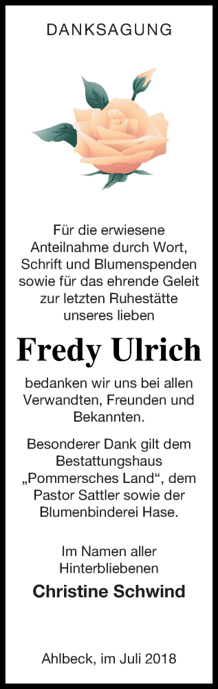 Traueranzeige von Fredy Ulrich von Haff-Zeitung