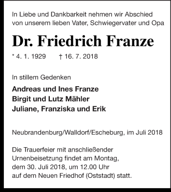 Traueranzeige von Friedrich Franze von Neubrandenburger Zeitung