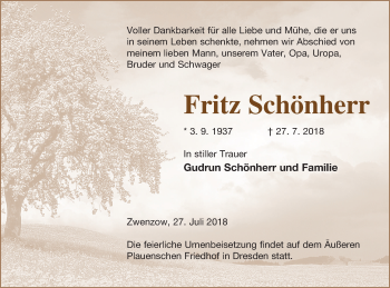 Traueranzeige von Fritz Schönherr von Strelitzer Zeitung