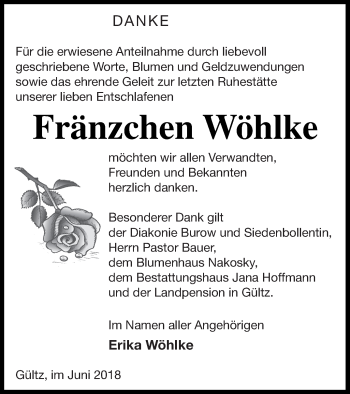 Traueranzeige von Fränzchen Wöhlke von Neubrandenburger Zeitung