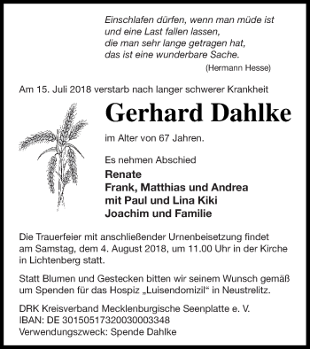 Traueranzeige von Gerhard Dahlke von Strelitzer Zeitung