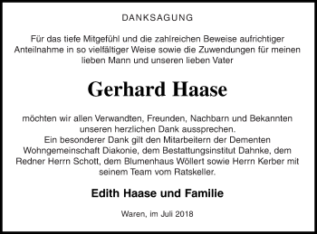 Traueranzeige von Gerhard Haase von Müritz-Zeitung