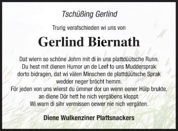 Traueranzeige von Gerlind Biernath von Neubrandenburger Zeitung