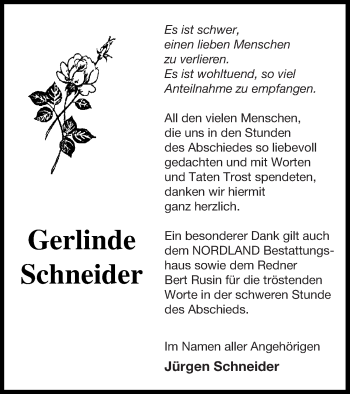 Traueranzeige von Gerlinde Schneider von Neubrandenburger Zeitung