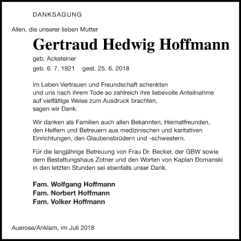 Traueranzeige von Gertraud Hedwig Hoffmann von Vorpommern Kurier