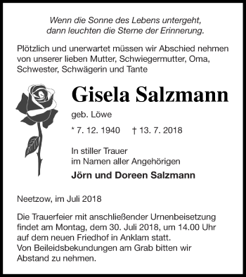 Traueranzeige von Gisela Salzmann von Vorpommern Kurier