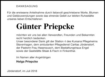 Traueranzeige von Günter Priepcke von Mecklenburger Schweiz