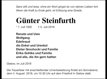 Traueranzeige von Günter Steinfurth von Mecklenburger Schweiz