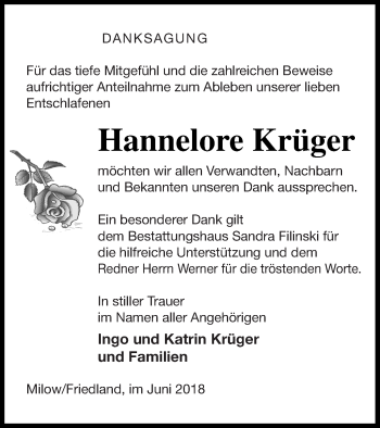 Traueranzeige von Hannelore Krüger von Neubrandenburger Zeitung