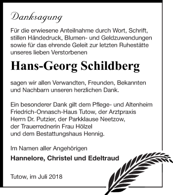 Traueranzeige von Hans-Georg Schildberg von Vorpommern Kurier