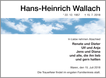 Traueranzeige von Hans-Heinrich Wallach von Müritz-Zeitung