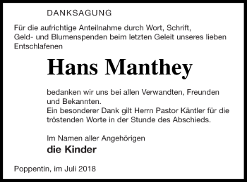 Traueranzeige von Hans Manthey von Müritz-Zeitung