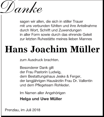 Traueranzeige von Hans Joachim Müller von Prenzlauer Zeitung