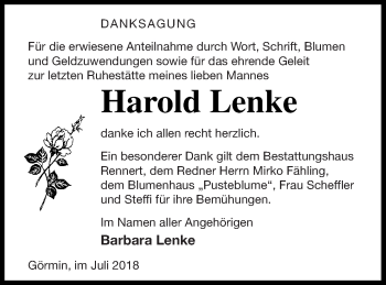 Traueranzeige von Harold Lenke von Vorpommern Kurier