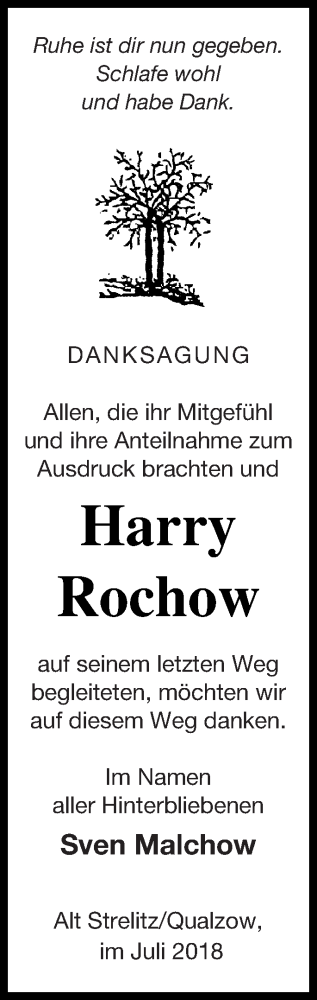 Traueranzeige von Harry Rochow von Strelitzer Zeitung