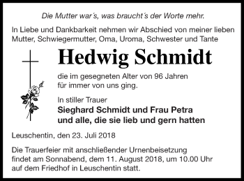 Traueranzeige von Hedwig Schmidt von Mecklenburger Schweiz