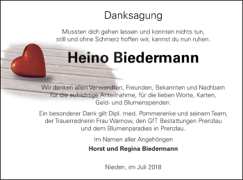 Traueranzeige von Heino Biedermann von Pasewalker Zeitung