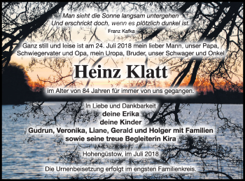 Traueranzeige von Heinz Klatt von Prenzlauer Zeitung