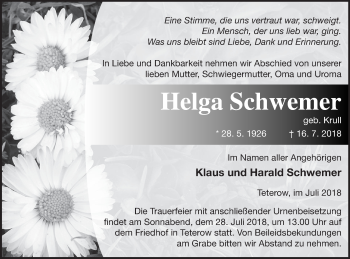 Traueranzeige von Helga Schwemer von Mecklenburger Schweiz