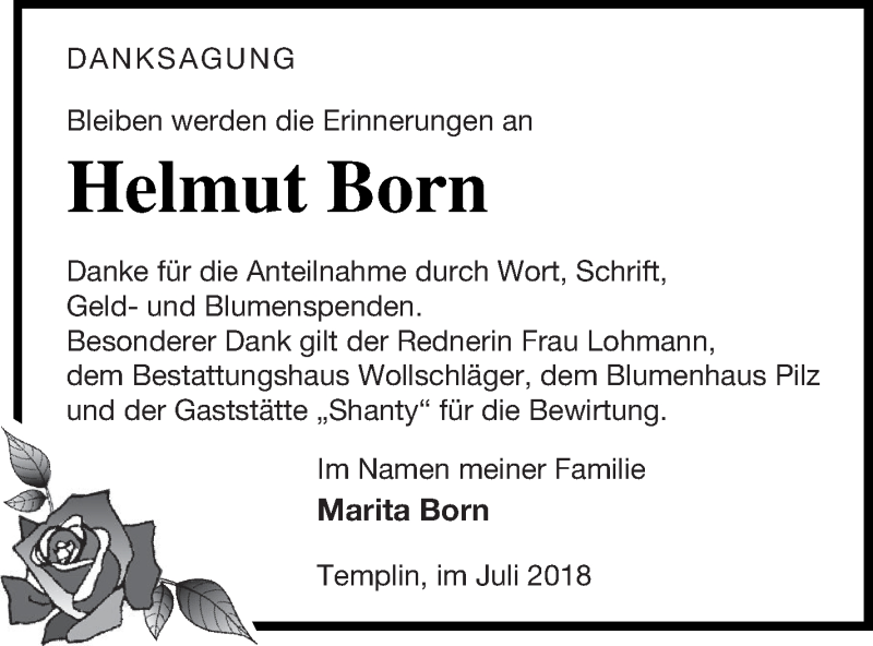  Traueranzeige für Helmut Born vom 27.07.2018 aus Templiner Zeitung