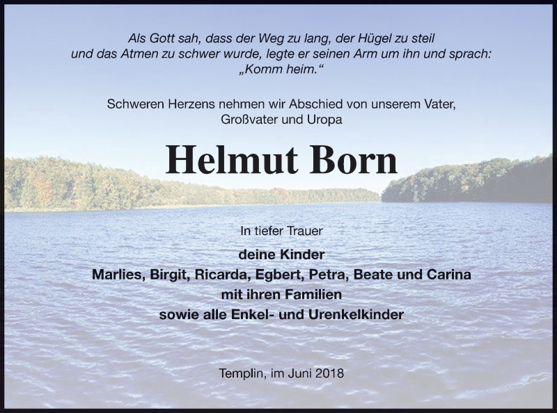  Traueranzeige für Helmut Born vom 14.07.2018 aus Templiner Zeitung