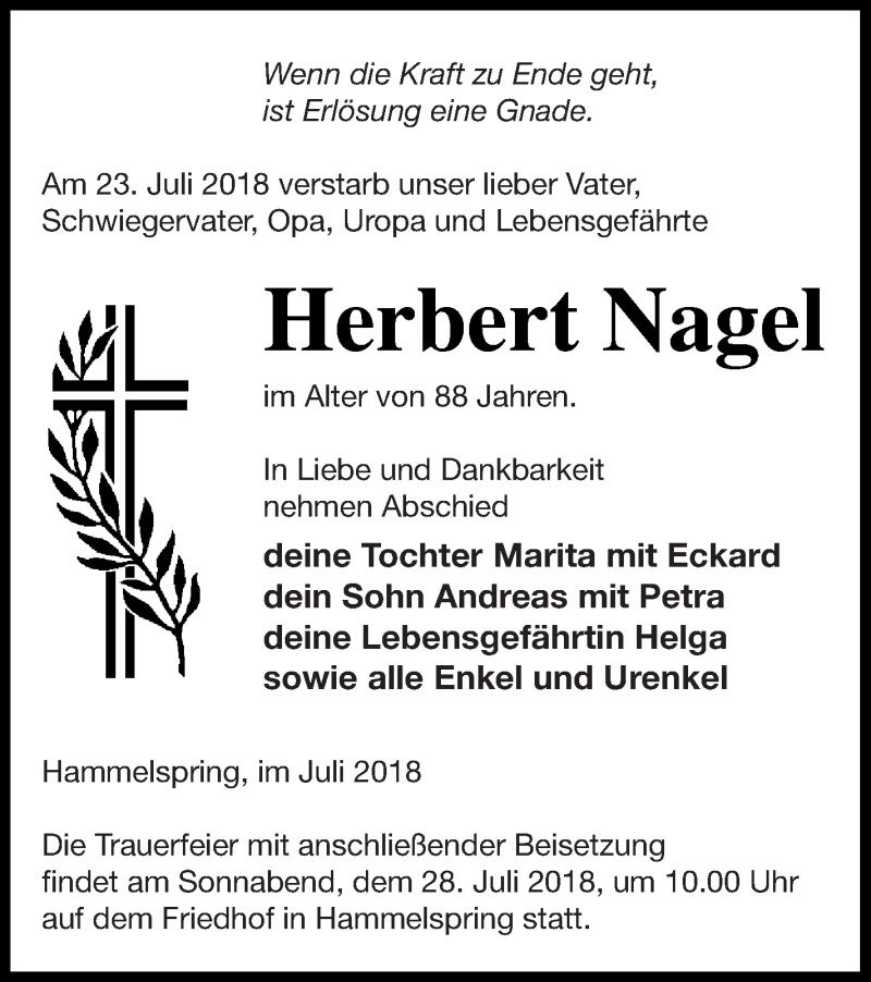  Traueranzeige für Herbert Nagel vom 25.07.2018 aus Templiner Zeitung