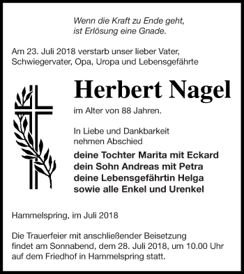 Traueranzeige von Herbert Nagel von Templiner Zeitung