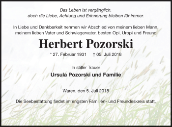 Traueranzeige von Herbert Pozorski von Müritz-Zeitung
