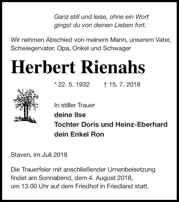 Traueranzeige von Herbert Rienahs von Neubrandenburger Zeitung