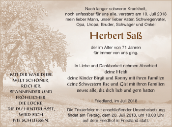 Traueranzeige von Herbert Saß von Neubrandenburger Zeitung