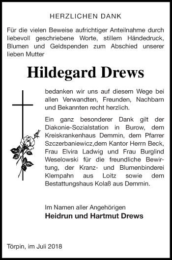 Traueranzeige von Hildegard Drews von Demminer Zeitung