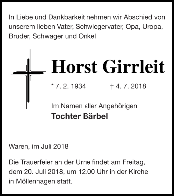 Traueranzeige von Horst Girrleit von Müritz-Zeitung