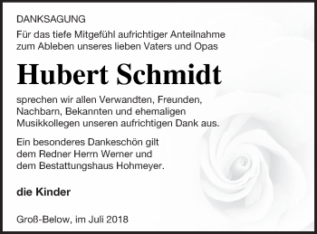 Traueranzeige von Hubert Schmidt von Neubrandenburger Zeitung