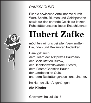 Traueranzeige von Hubert Zafke von Demminer Zeitung