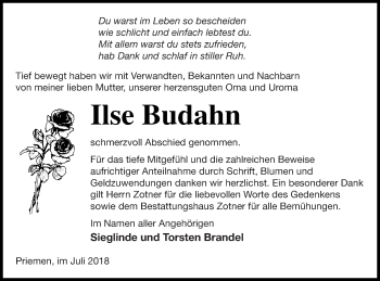 Traueranzeige von Ilse Budahn von Vorpommern Kurier