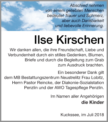 Traueranzeige von Ilse Kirschen von Müritz-Zeitung