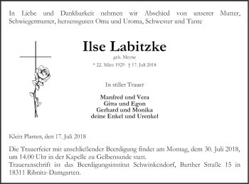 Traueranzeige von Ilse Labitzke von Müritz-Zeitung