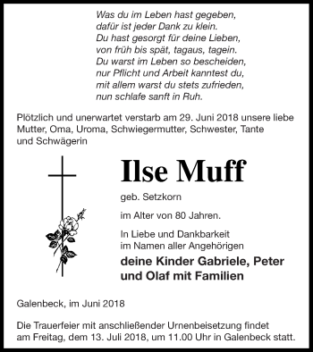 Traueranzeige von Ilse Muff von Mecklenburger Schweiz