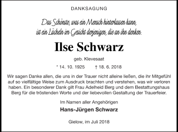 Traueranzeige von Ilse Schwarz von Mecklenburger Schweiz