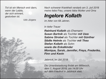 Traueranzeige von Ingelore Kollath von Haff-Zeitung