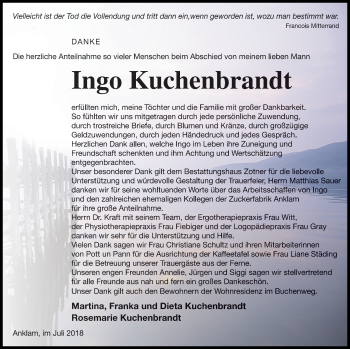 Traueranzeige von Ingo Kuchenbrandt von Vorpommern Kurier