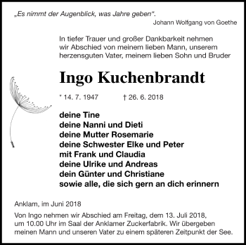 Traueranzeige von Ingo Kuchenbrandt von Vorpommern Kurier