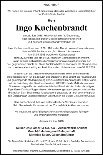 Traueranzeige von Ingo Kuchenbrandt von Nordkurier Gesamtausgabe