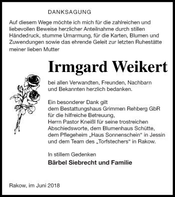 Traueranzeige von Irmgard Weikert von Vorpommern Kurier