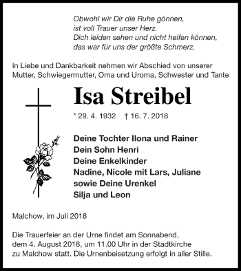 Traueranzeige von Isa Streibel von Müritz-Zeitung