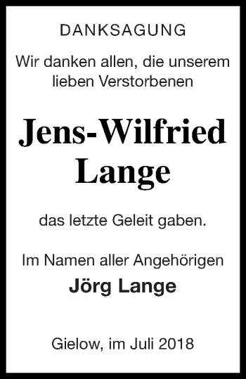 Traueranzeige von Jens-Wilfried Lange von Mecklenburger Schweiz