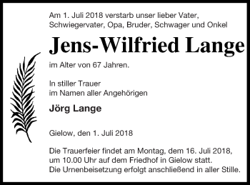 Traueranzeige von Jens-Wilfried Lange von Mecklenburger Schweiz