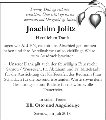 Traueranzeige von Joachim Jolitz von Vorpommern Kurier