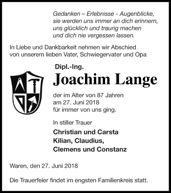 Traueranzeige von Joachim Lange von Müritz-Zeitung